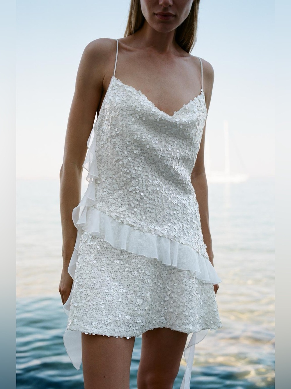 ZARA White Sequin Ruffle Slip Dress. XS NWT